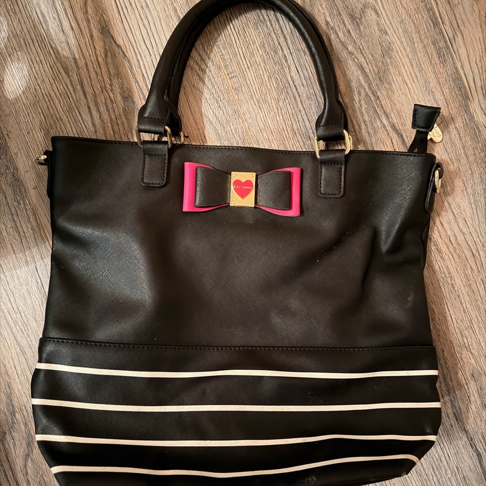 Betsey Johnson Black Tote with Pink Bow and Stripes